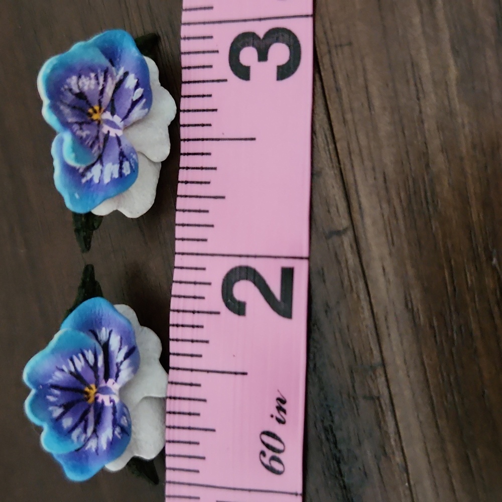 Hand Painted Leather Pansy Flower Earrings. - Picture 6 of 6